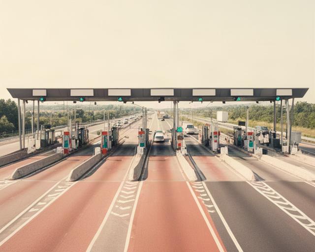 Fahrbahn mit moderner Mautstation und klarer Fahrbahnmarkierung bei Tageslicht